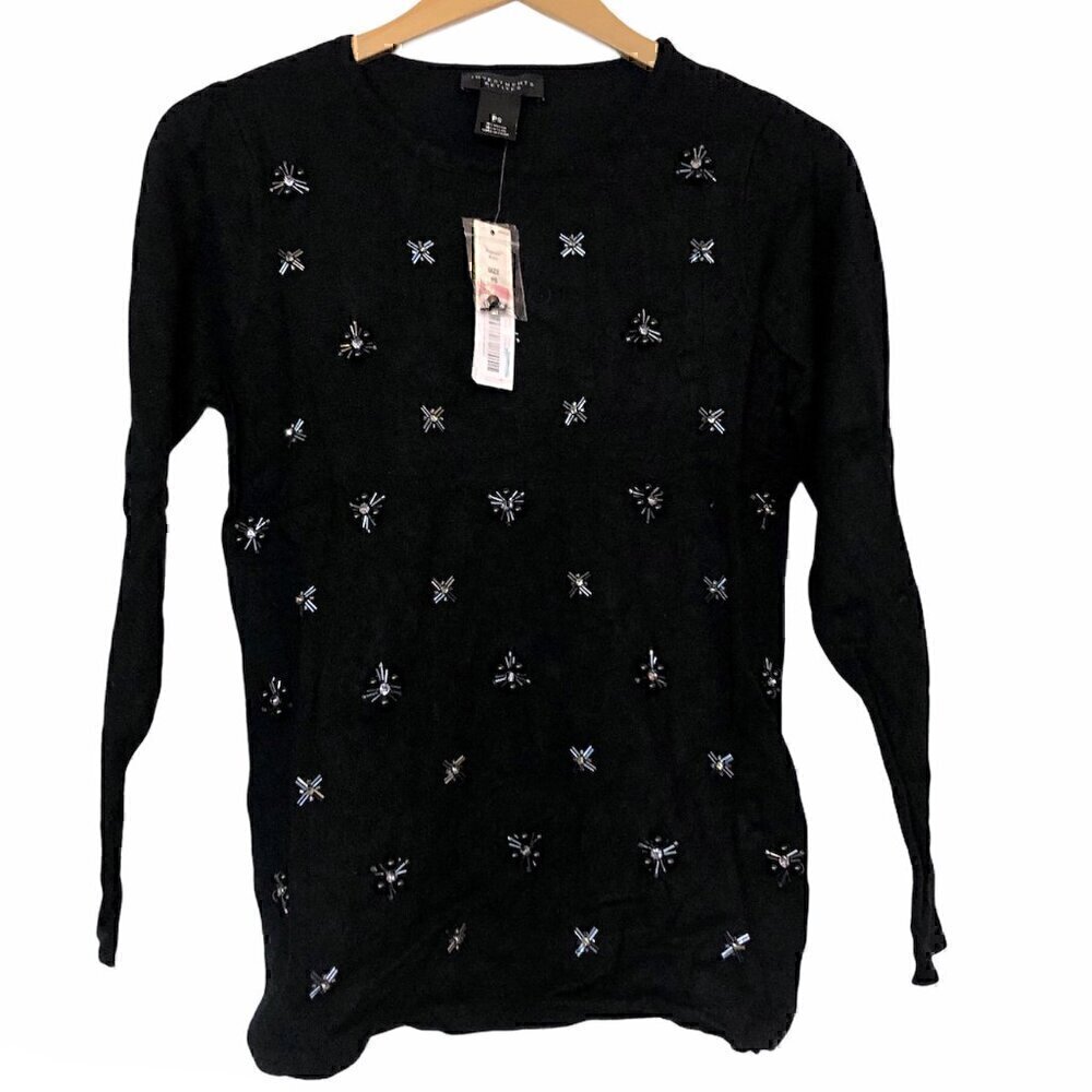NEW NWT INVESTMENTS Black Beaded Bead Embellished Crewneck Sweater PETITE Small